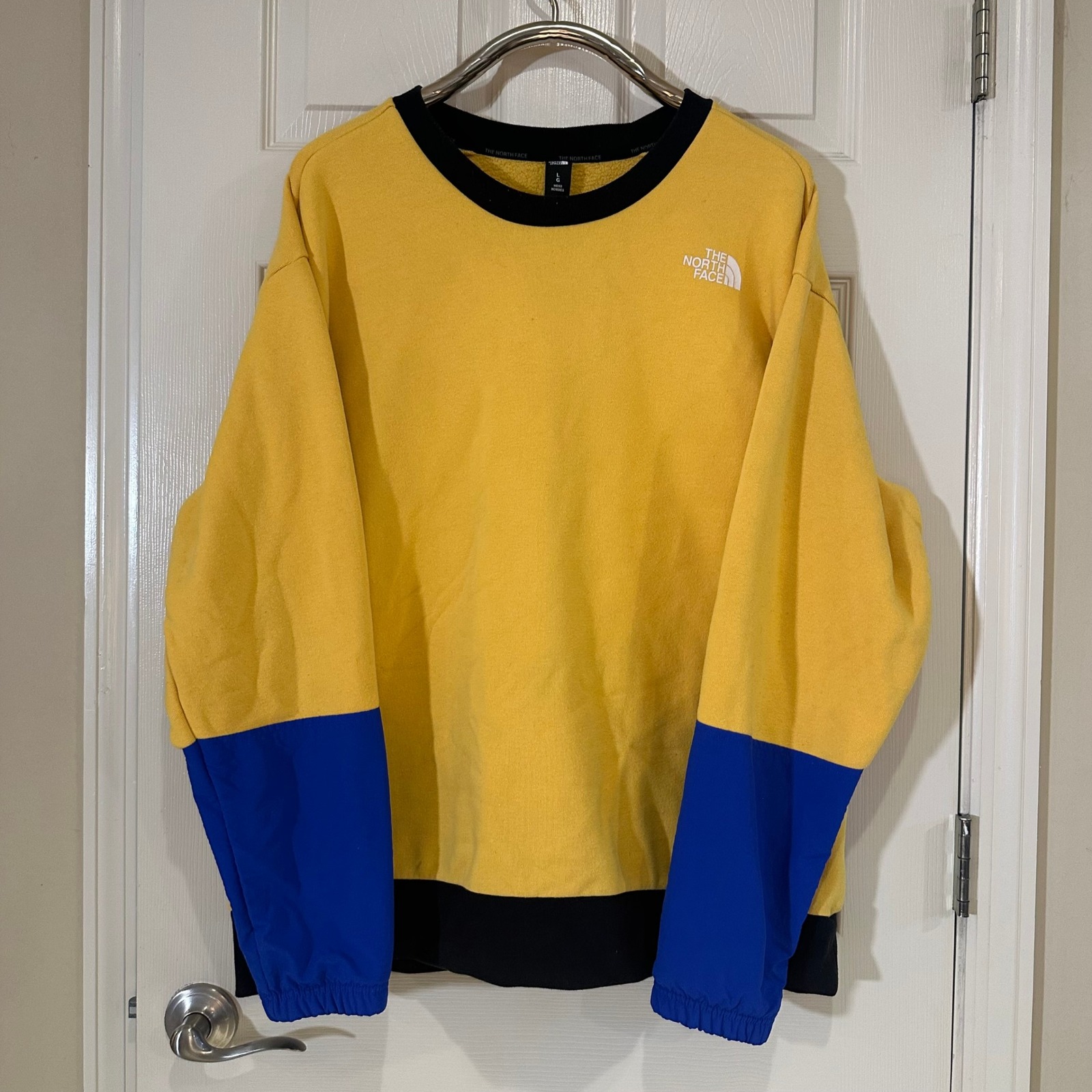 The North Face Mens Large Colorblock Crewneck Sweatshirt Yellow Blue Fleece Logo